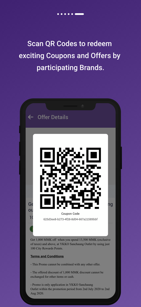 City Rewards 2.0 - Smartphone screen displaying a QR code to redeem coupons and offers in the City Rewards 2.0 app