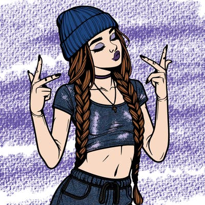 realistic teenage girl with braids and a beanie and crop top doing 🫶🏼