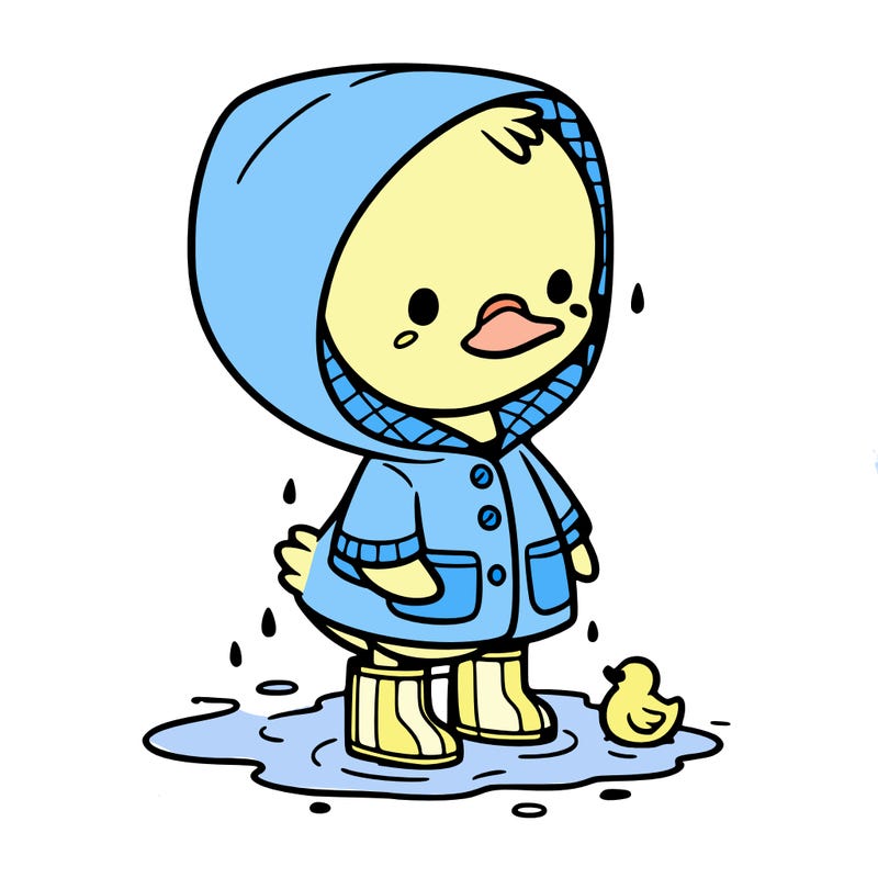 baby duck in a rain coat and boots, in a puddle while it’s raining