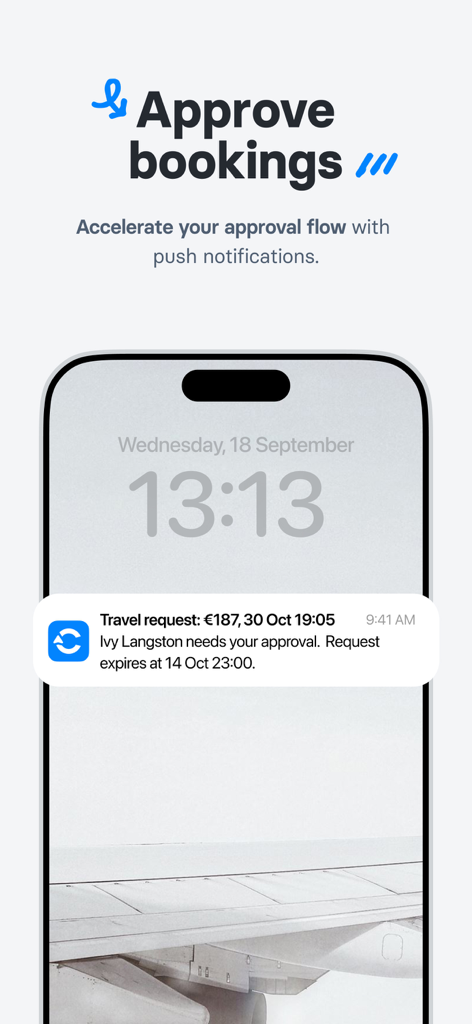 C Teleport - Smartphone lock screen showing a C Teleport push notification for a travel booking approval request.