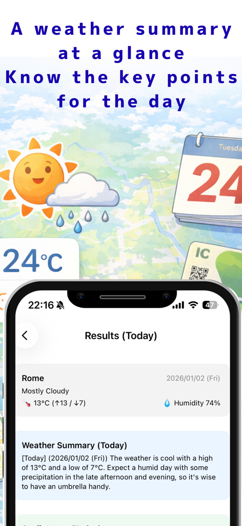 Screenshot of the Weather Outfit Guide app showing a weather summary and forecast for Rome.