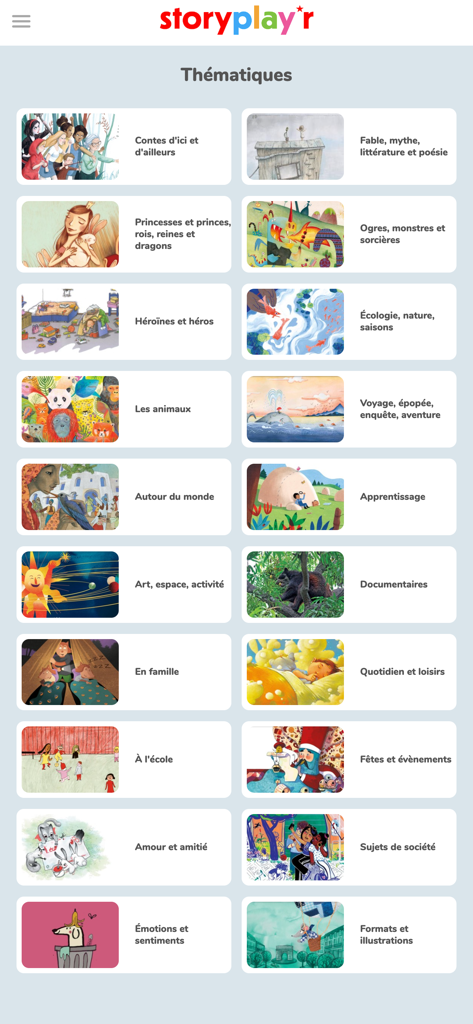 A grid of diverse children's book themes in French with colorful illustrations on the Storyplay'r app.
