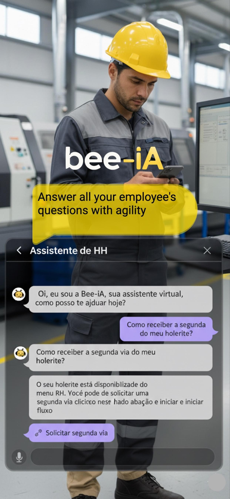 Beehome - Employee Workspace - A factory worker using the Bee-iA virtual assistant on the Beehome app to get HR support