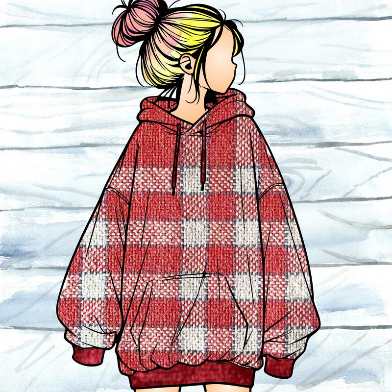 realistic girl with a oversized sweatshirt on and a bun