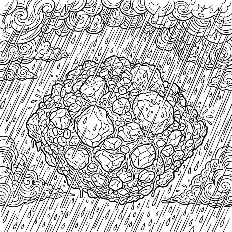 Embark on an extraordinary coloring journey with this captivating Bennu Asteroid Rainy Day page. Witness the famous 'rubble-pile' asteroid as it endures a cosmic downpour, offering a truly unique artistic challenge.