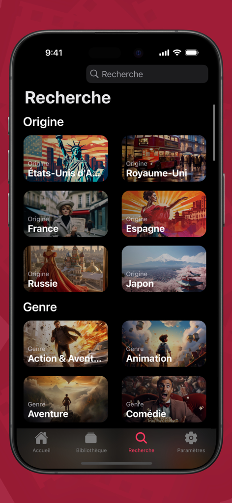 Pantalla de búsqueda de la aplicación SeeClap mostrando categorías multimedia por país y género