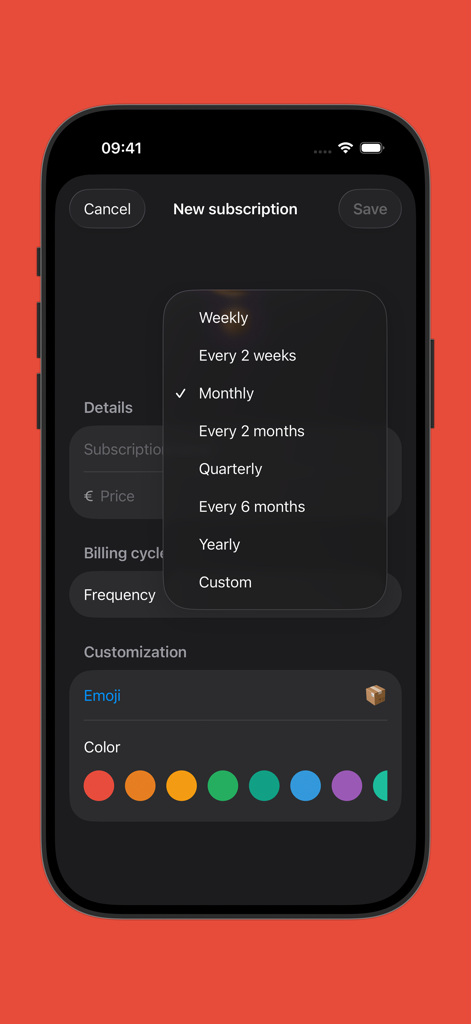 Everypay app interface for adding a new subscription with a dropdown menu to select billing cycle frequency and customization settings.