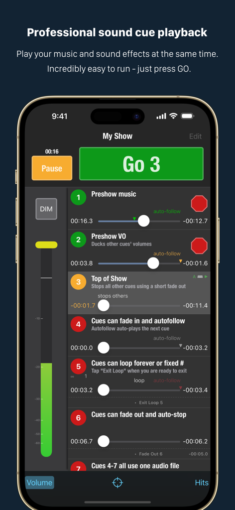 Go Button mobile app interface showing a list of sound cues with a large green Go button for live theater and music performances.