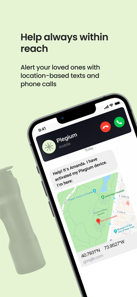 Plegium - Smartphone displaying a Plegium emergency alert message with a map and GPS coordinates