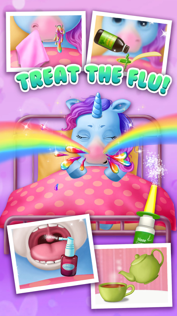 A blue unicorn in bed receiving medicine and care for the flu in the Pony Sisters Pet Hospital game.