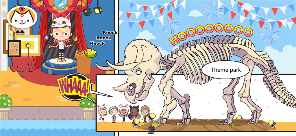 Miga Town: My Vacation - A triceratops skeleton exhibit and an auction stage in Miga Town My Vacation.