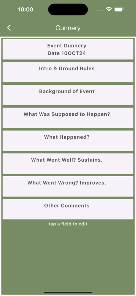 Army NCO Tools & Guide - Interface da ferramenta de Revisão Pós-Ação para um evento de Artilharia no aplicativo Ferramentas e Guia do NCO do Exército