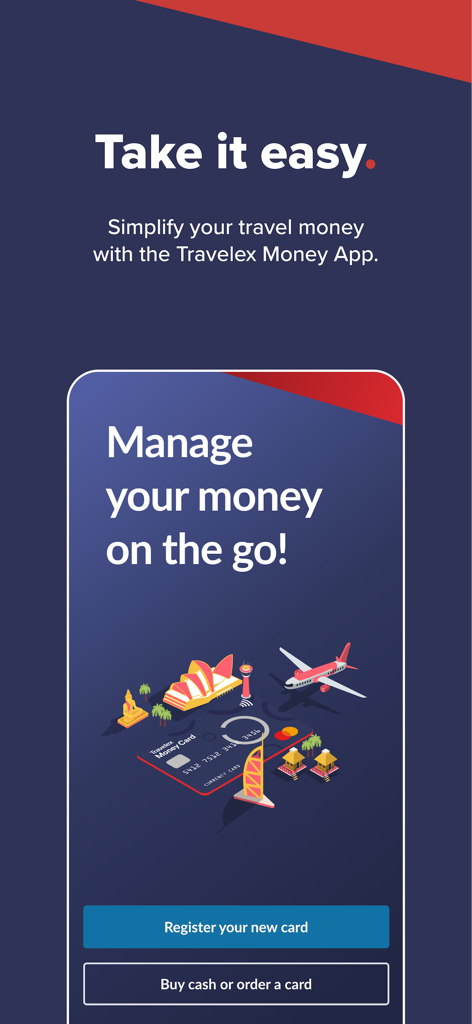 Travelex Travel Money - Travelex Travel Money app interface displaying options to manage money on the go and register a new card.