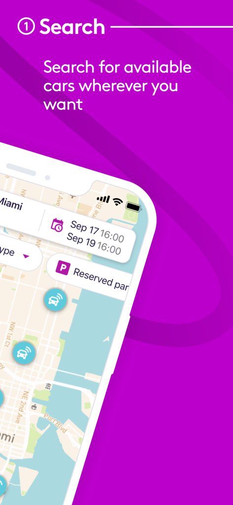 Interface of the Getaround app showing an interactive map of Miami to search for available carsharing vehicles.