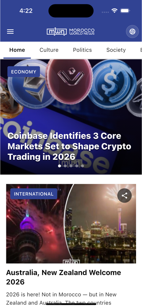 Startbildschirm der Morocco World News Mobile App mit Nachrichtenartikeln über Wirtschaft und internationale Ereignisse