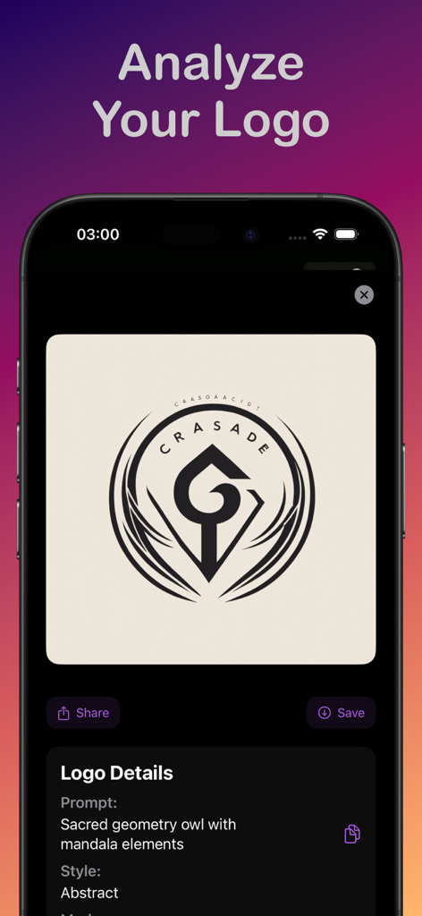 Vise AI - AI Logo Maker - Vise AI app interface showing an AI generated sacred geometry owl logo and design details