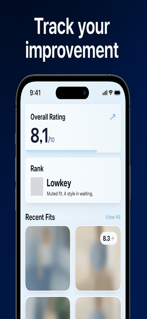 DRIP AI: Rate Your Fit - Mobile app dashboard displaying outfit ratings and style progress