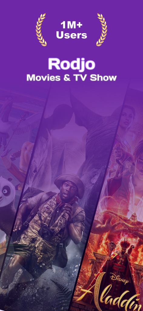 Rodjo Movies and TV Shows app splash screen showing over one million users and popular movie posters