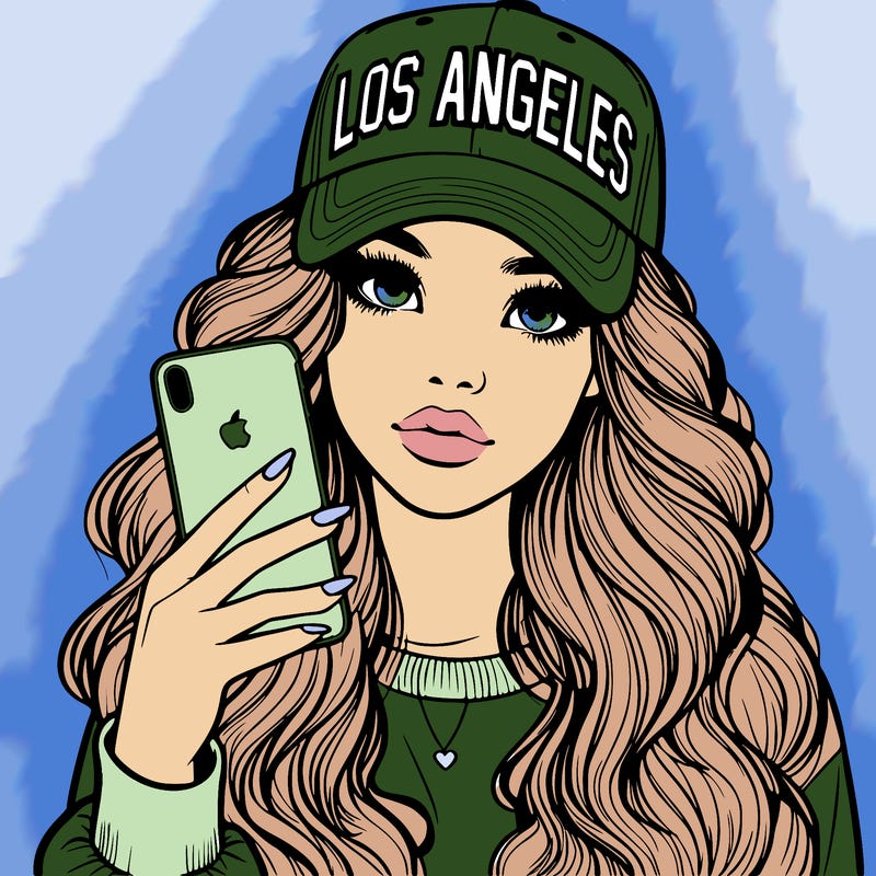 realistic beautiful girl wearing los ángeles cap holding an iphone