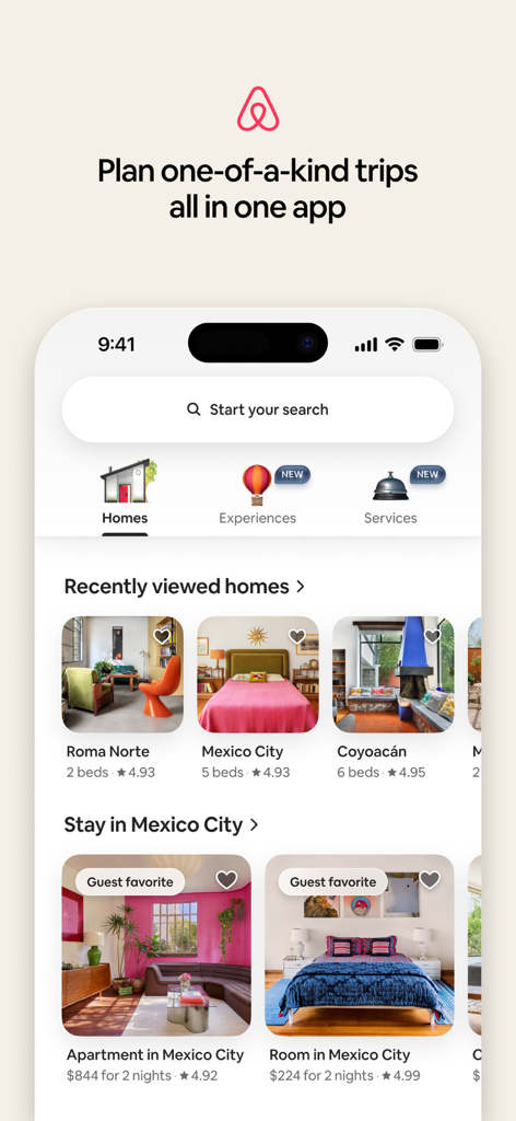 Airbnb mobile app interface showing vacation rental homes and travel experiences in Mexico City.