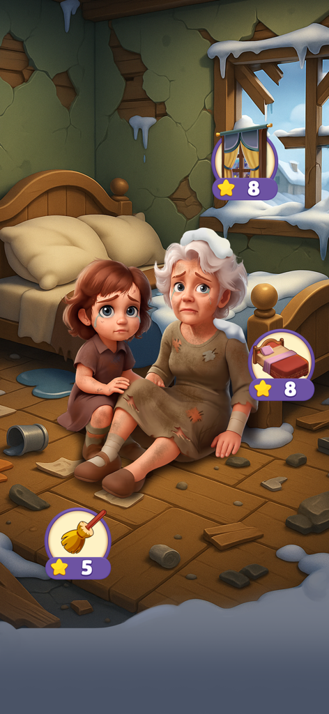 Bubble Family - A sad grandmother and grandchild sitting in a cold broken room needing repairs