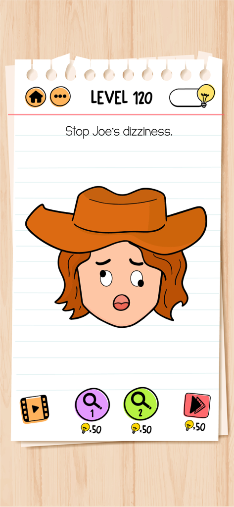 Level 120 puzzle in Brain Test 2 Tricky Stories featuring a dizzy character in a cowboy hat
