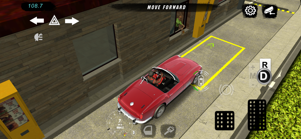 A red classic convertible car at a drive-thru in the Car Parking Multiplayer game.