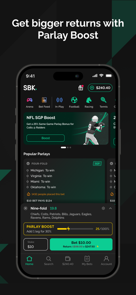 SBK Online Sportsbook Indiana - SBK Online Sportsbook app interface featuring the Parlay Boost option and popular parlay betting slips for sports fans in Indiana.