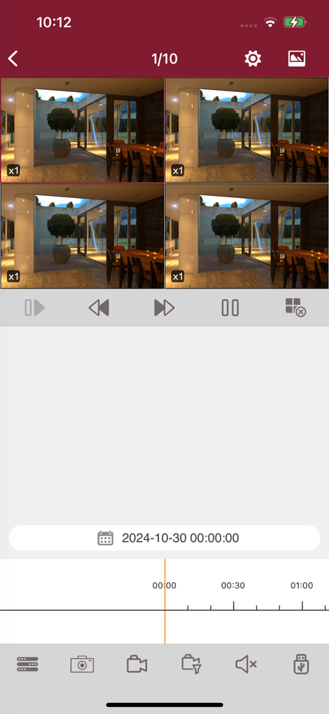 AVYCON ONE - AVYCON ONEアプリのインターフェース。マルチカメラ監視の再生と録画タイムラインが表示されます。