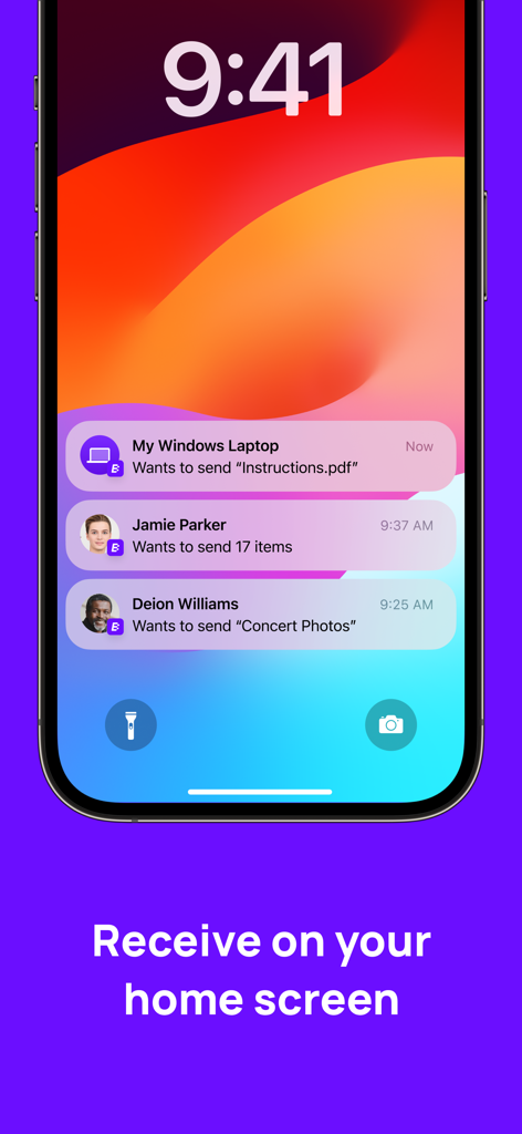 An iPhone lock screen displaying multiple incoming file transfer notifications from the Blip app including a Windows laptop and other users