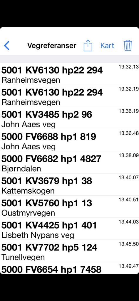 VegViseren - VegViseren 모바일 애플리케이션 내에 표시되는 기술 도로 참조 및 노르웨이 거리 이름 목록.