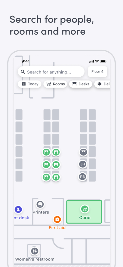 Envoy app screen showing an interactive office floor plan with desk and room booking features