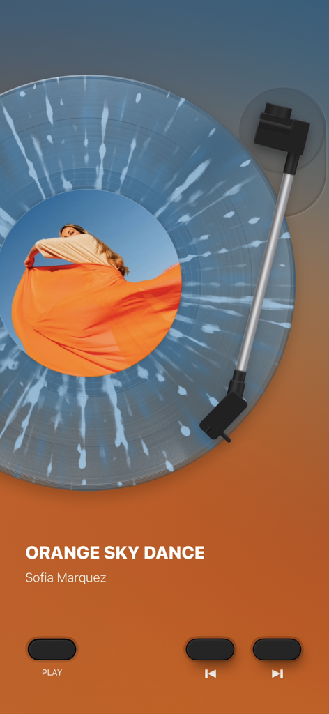 Digital turntable interface of MD Vinyl app showing a blue record playing Orange Sky Dance by Sofia Marquez