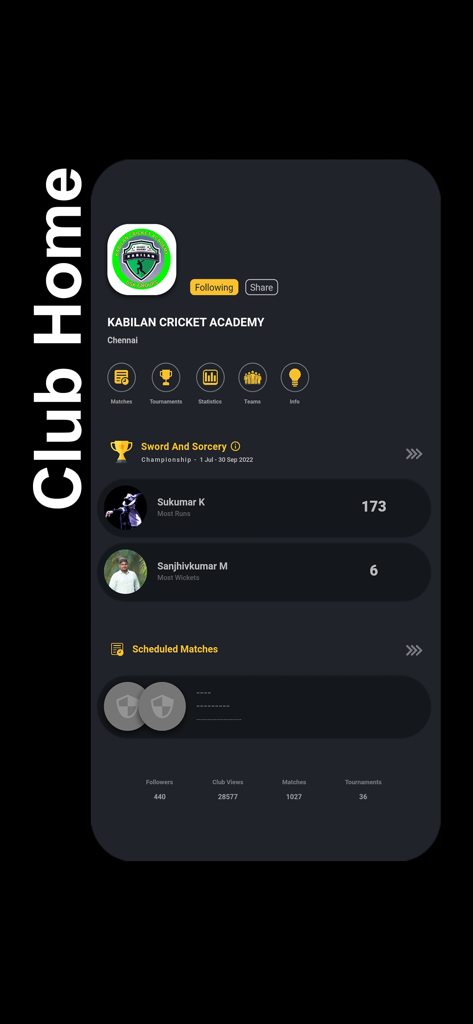 Stumps - The Cricket Scorer - A screenshot of the Club Home screen in the Stumps cricket scoring app showing academy details and player statistics.