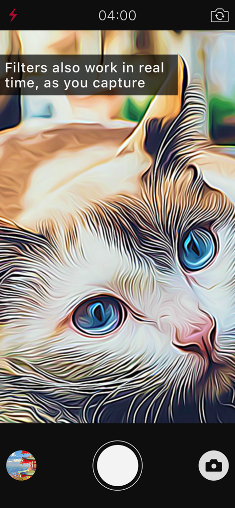 Visionn - Visionn app interface showing a real time painterly artistic filter applied to a cat