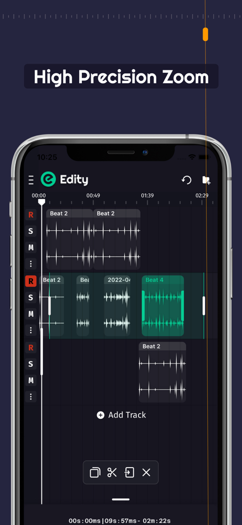 Audio Lab: Music,Voice Editor - Smartphone screen displaying the high precision zoom feature in a multitrack audio editor