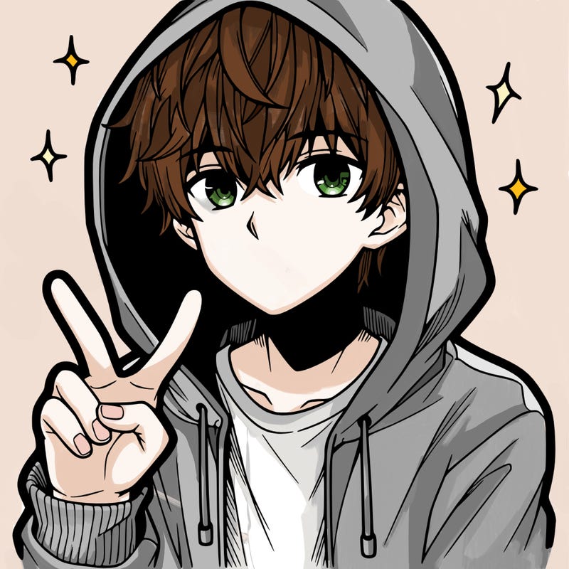 teenage manga boy in a hoodie, doing ✌