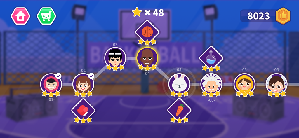 Dance Party Coding for kids - Level selection map with cartoon characters on a basketball court background