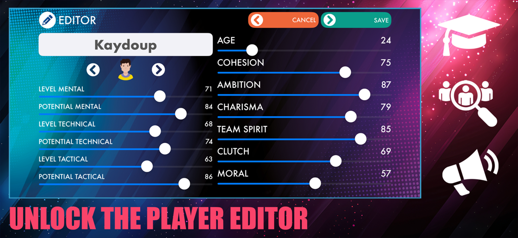 Interface of the player editor in eSports Master showing customizable sliders for mental, technical, and tactical attributes.