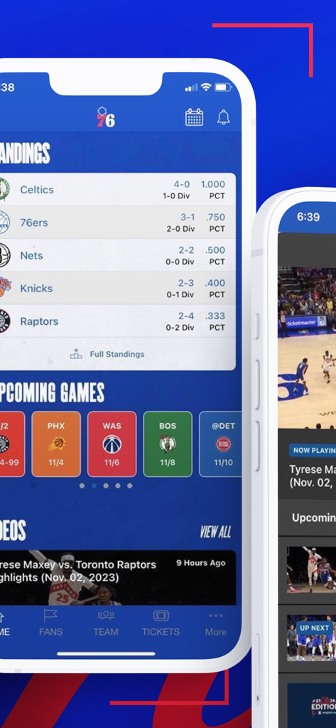 Philadelphia 76ers - Philadelphia 76ers mobile app displaying NBA standings and upcoming game schedule