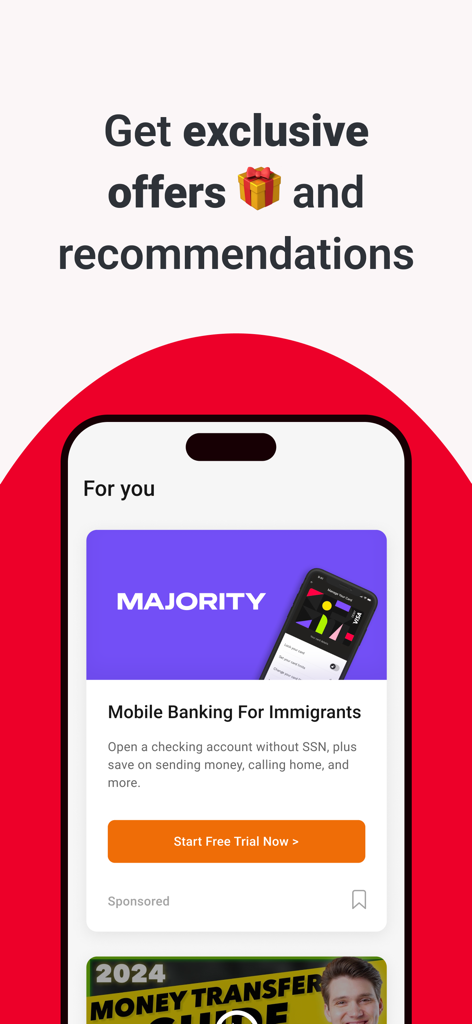 Monito: Money Transfer Deals - Monito app screen displaying exclusive offers and mobile banking recommendations for immigrants