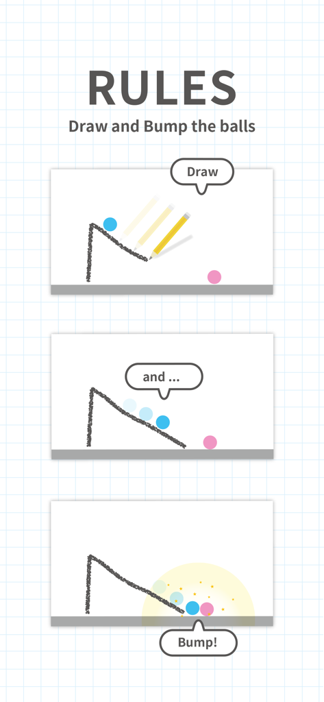 Brain Dots - Infographic showing the rules of Brain Dots where players draw lines to make a blue and pink ball bump.