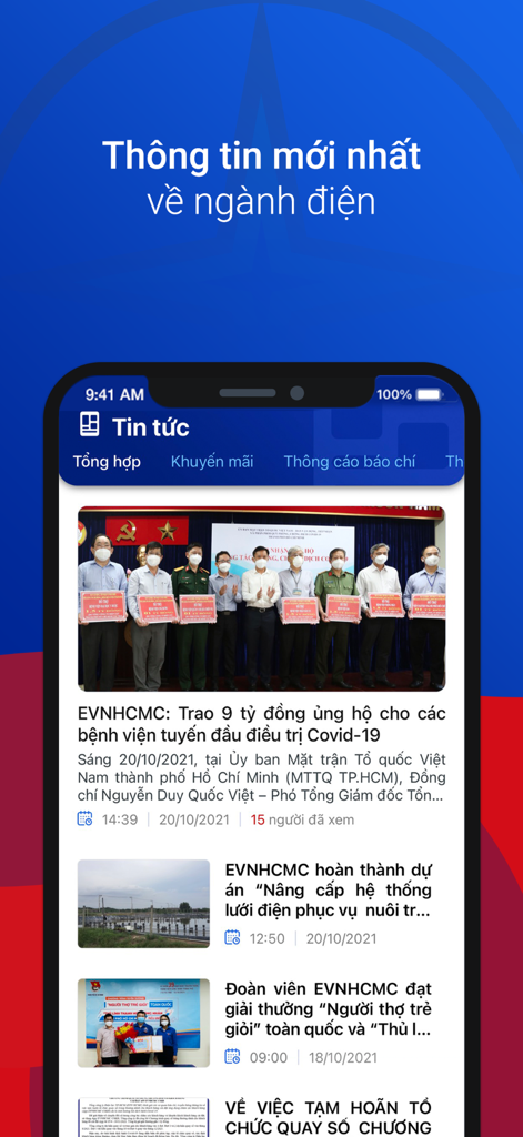 Mobiler Bildschirm mit dem News- und Update-Bereich der EVNHCMC-Versorgungsanwendung.