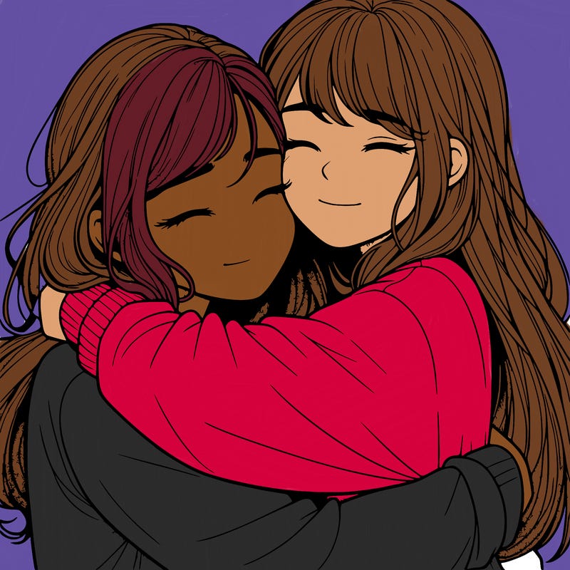 realistic two girls hugging