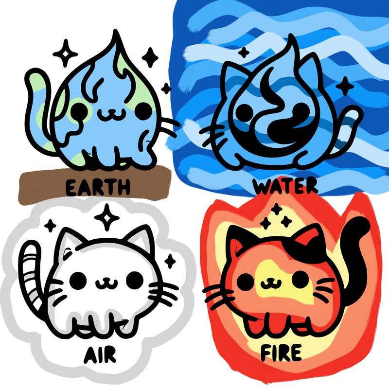 4 cats that represent the different elements, earth, water, air, and fire