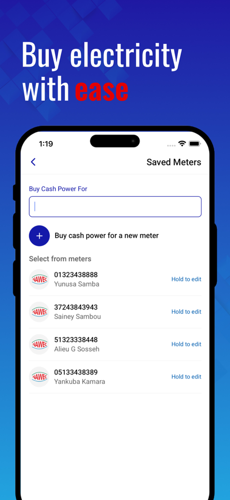 APS Wallet: Customer - APS Wallet mobile app screen for buying NAWEC electricity cash power