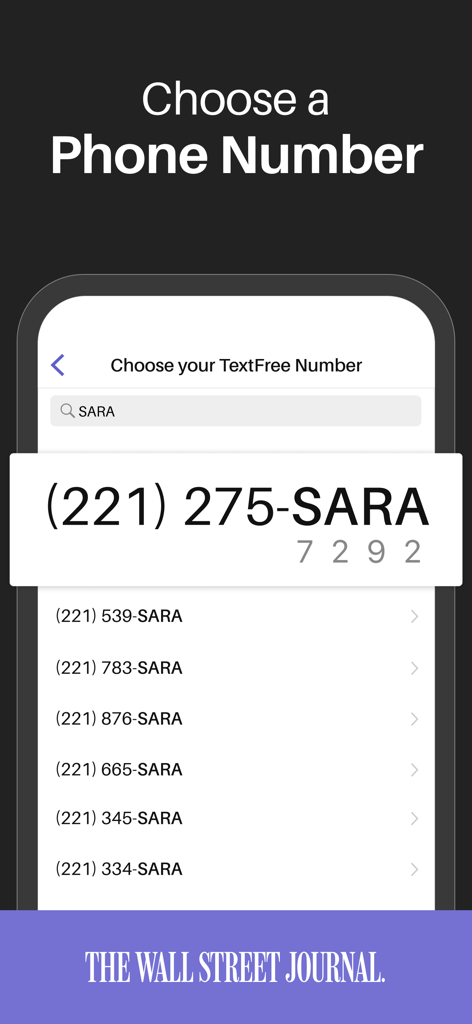 Interface of the Text Free app showing a selection of custom vanity phone numbers