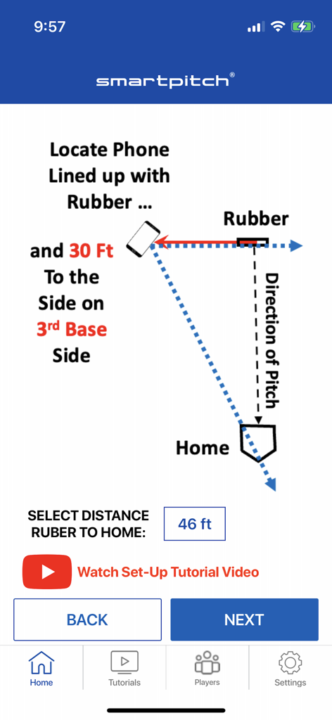 Setup diagram for SmartPitch app showing phone placement 30 feet from the pitcher rubber for tracking pitch speed