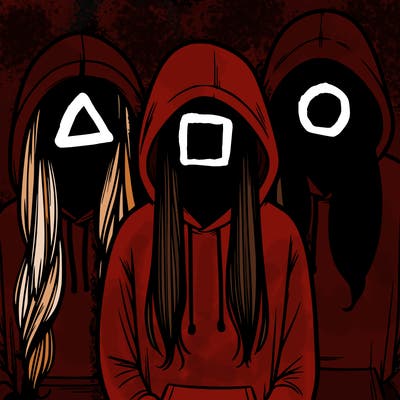 3 faceless people in hoodies with long hair stuffed in their hoodies with no bangs