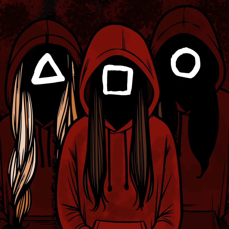 3 faceless people in hoodies with long hair stuffed in their hoodies with no bangs
